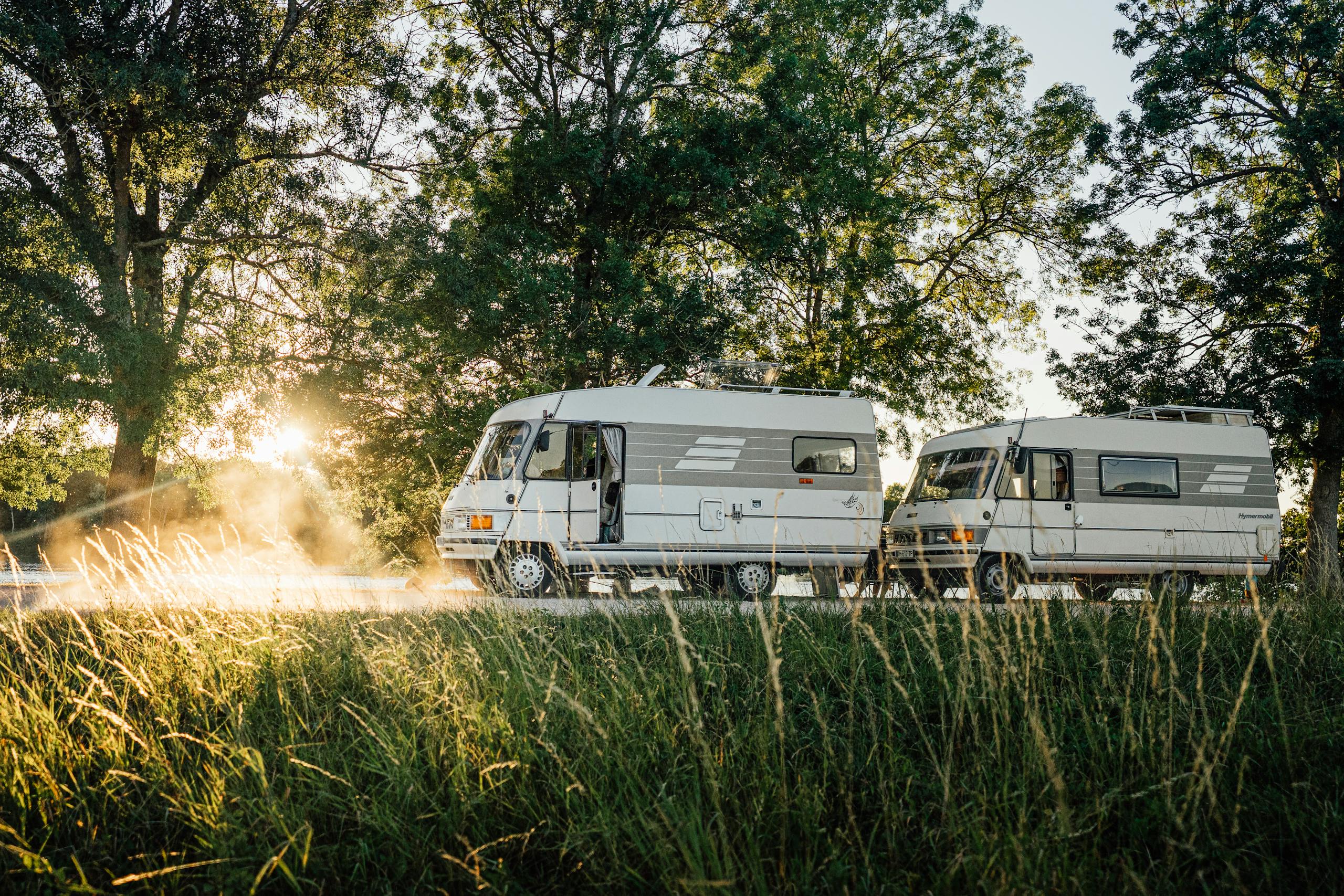 Two vintage camper vans parked in a scenic field during sunrise in Ormes, France, surrounded by nature.